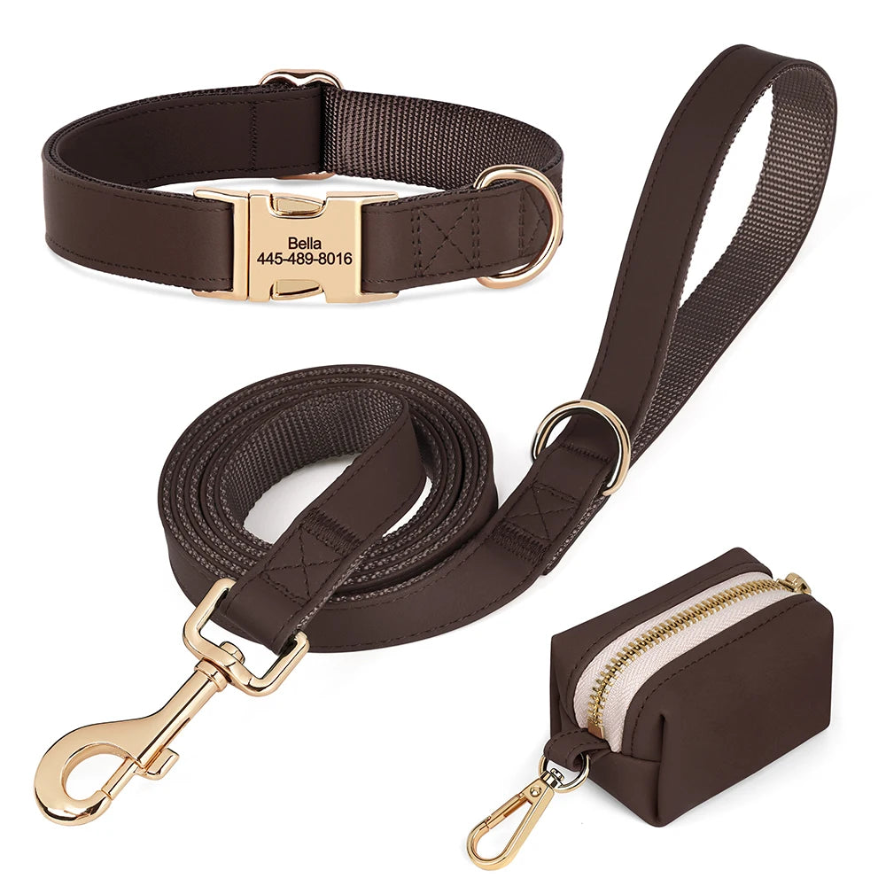 3pcs/lot Dog Collar Leash Bag Set Personalized Dog Collars Custom PU Leather Pet Buckle Necklace With Lead Poop Bag for Dogs Pug