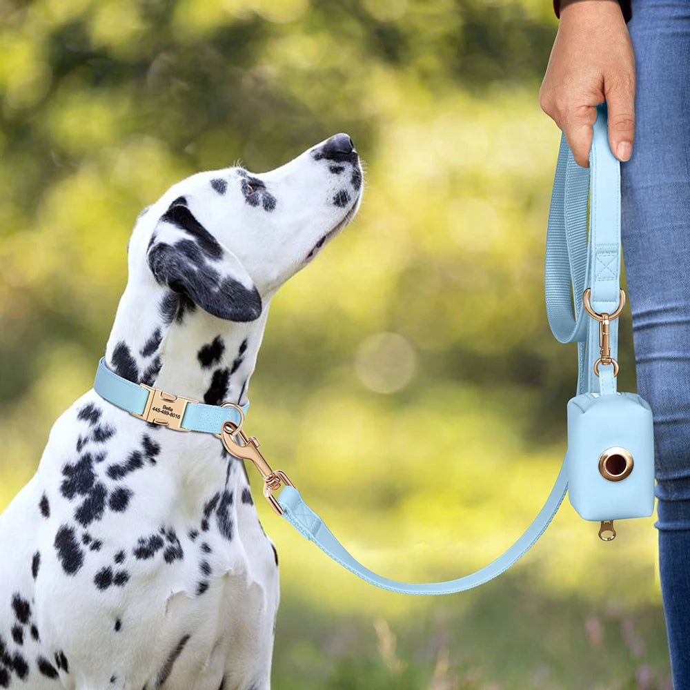 3pcs/lot Dog Collar Leash Bag Set Personalized Dog Collars Custom PU Leather Pet Buckle Necklace With Lead Poop Bag for Dogs Pug