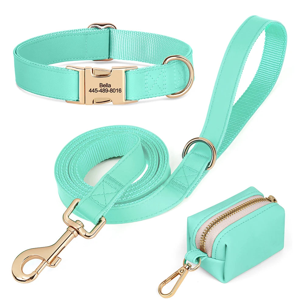 3pcs/lot Dog Collar Leash Bag Set Personalized Dog Collars Custom PU Leather Pet Buckle Necklace With Lead Poop Bag for Dogs Pug