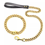 Chain Dog Collar and Heavy Duty Leash Leather Handle Cuban Link Stainless Steel